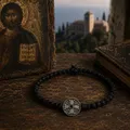 Black Prayer Rope Bracelet with 925 Sterling Silver Byzantine Cross Medallion & Red Stone