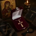 Rose Gold-Tone Steel Cross Necklace with Christ & the Virgin Mary Inside the Black Bead