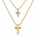 Gold-Tone Layered Double Cross Necklace with Clear Stones