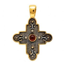 925 Sterling Silver Byzantine Cross with Red Gemstone