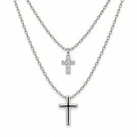 Silver-Tone Layered Double Cross Necklace with Clear Stones