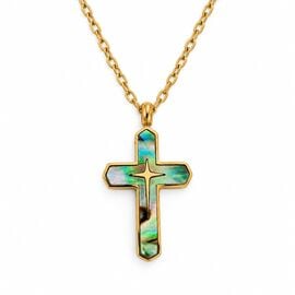 Gold-Tone Stainless Steel Cross Necklace with Iridescent Detail and Chain