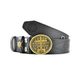 Leather Belt with Golgotha Cross – Gold Buckle