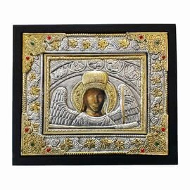 Επάργυρη Εικόνα Αρχάγγελος Μιχαήλ Ταξιάρχης Μανταμάδος σε Μαύρο Ξύλο 27x30cm