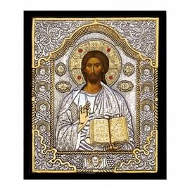 Επάργυρη Εικόνα Ιησούς Χριστός Ευλογών σε Μαύρο Ξύλο 33x44cm