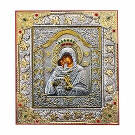 Silver-Plated Icon Virgin Mary Glykofilousa on Velvet 12x15cm