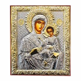 Silver-Plated Icon Virgin Mary Hodegetria on Velvet 26x32cm