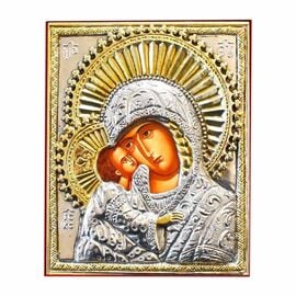 Silver-Plated Icon Virgin Mary Russian on Velvet 8x10cm