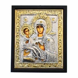 Silver-Plated Icon Panagia Tricherousa on Black Wood 18x21cm