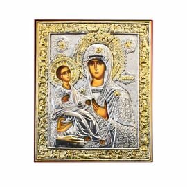 Silver-Plated Icon Virgin Mary Tricherousa on Velvet 16x20cm