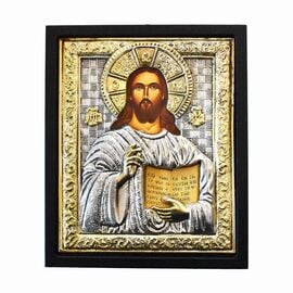 Επάργυρη Εικόνα Χριστός Ευλογών σε Μαύρο Ξύλο 12x16cm