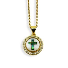 Gold-Tone Steel Pendant with Abalone Cross and Zirconia
