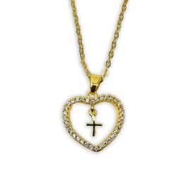 Gold-Tone Steel Heart Pendant with Zirconia and Cross