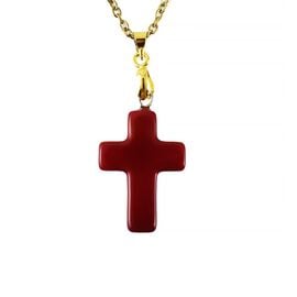 Cross with Reconstituted Coral and Gold-Colored Stainless Steel Chain 45cm