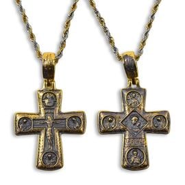 Double-Sided Orthodox Cross Pendant with Chain – Crucifixion & Holy Virgin Mary