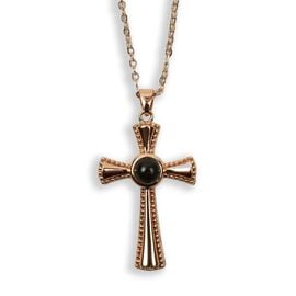 Rose Gold-Tone Steel Cross Necklace with Christ & the Virgin Mary Inside the Black Bead