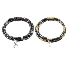 Double Wrap Rosary-Style Bracelet with Cross – Hematite & Wood Effect Beads