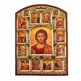 Jesus Christ Wooden Icon with Twelve Feasts - Dodekaorton 31x46cm