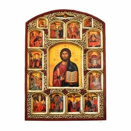 Jesus Christ Pantocrator Wooden Icon with Twelve Feasts - Dodekaorton 31x46cm