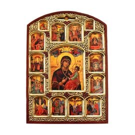 Virgin Mary Gorgoepikoos Wooden Icon with Twelve Feasts - Dodekaorton 31x46cm