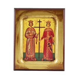 Handmade Icon Saints Constantine and Helen on Carved Wood 10x12cm
