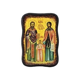 Handmade Icon Saints Raphael, Nicholas and Irene on Irregular Wood 10x14cm