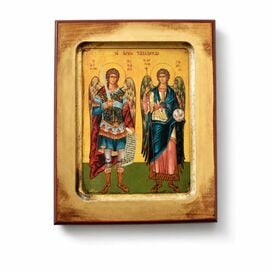 Handmade Icon Archangels Michael and Gabriel on Carved Wood 10x12cm