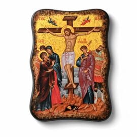 Handmade Icon Crucifixion on Irregular Wood 10x14cm