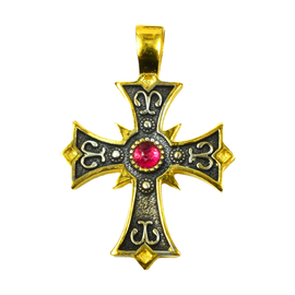 Byzantine Cross Pendant – 24K Gold Plated 925 Sterling Silver with Red Stone