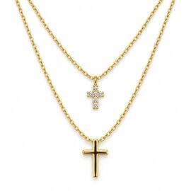 Gold-Tone Layered Double Cross Necklace with Clear Stones