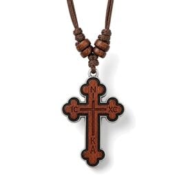 Wooden Cross Pendant with Metal Frame and Brown Cord