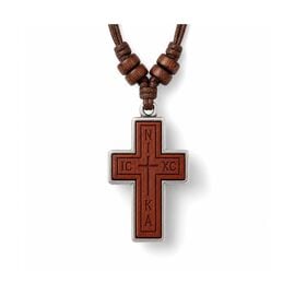 Wooden Cross Pendant with Metal Frame and Brown Cord
