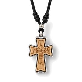 Wooden Cross Pendant with Metal Frame and Black Cord