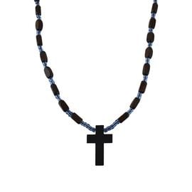 Wooden Rosewood Cross with Wooden and Blue Glass Rokai Beads