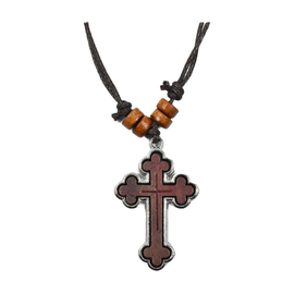 Wooden Cross Necklace with Metal Frame and Cord