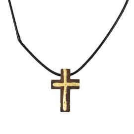 Wooden Cross Necklace with Gold Leaf Design and Adjustable Cord