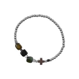 Hypoallergenic Prayer Rope Bracelet with Tourmaline Stones and Hematite Cross in Silver Color