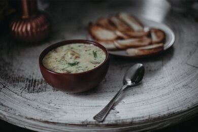 Fasting vegan mushroom magiritsa (Greek Easter soup) with tahini