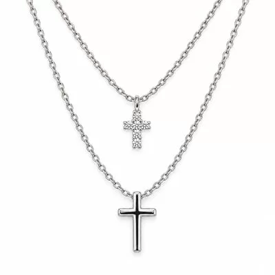 Silver-Tone Layered Double Cross Necklace with Clear Stones