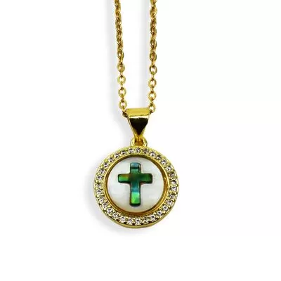 Gold-Tone Pendant with Abalone Cross and Zirconia