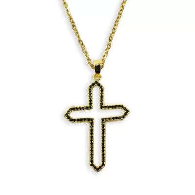 Gold-Tone Open Cross with Black Zirconia and Chain