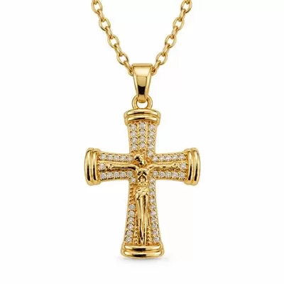Gold-Tone Crucifix Cross Necklace with Clear Stones and Chain