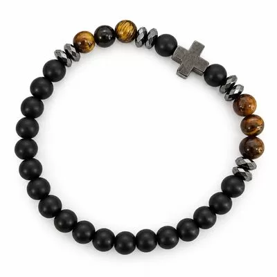 Handmade Cross Bead Bracelet with Black Onyx Hematite and Tiger Eye - Saint Nektarios Monastery