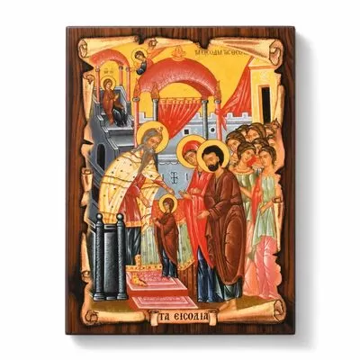 Handmade Icon The Presentation of Virgin Mary on Papyrus 7x9cm