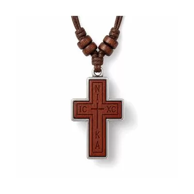 Wooden Cross Pendant with Metal Frame and Brown Cord