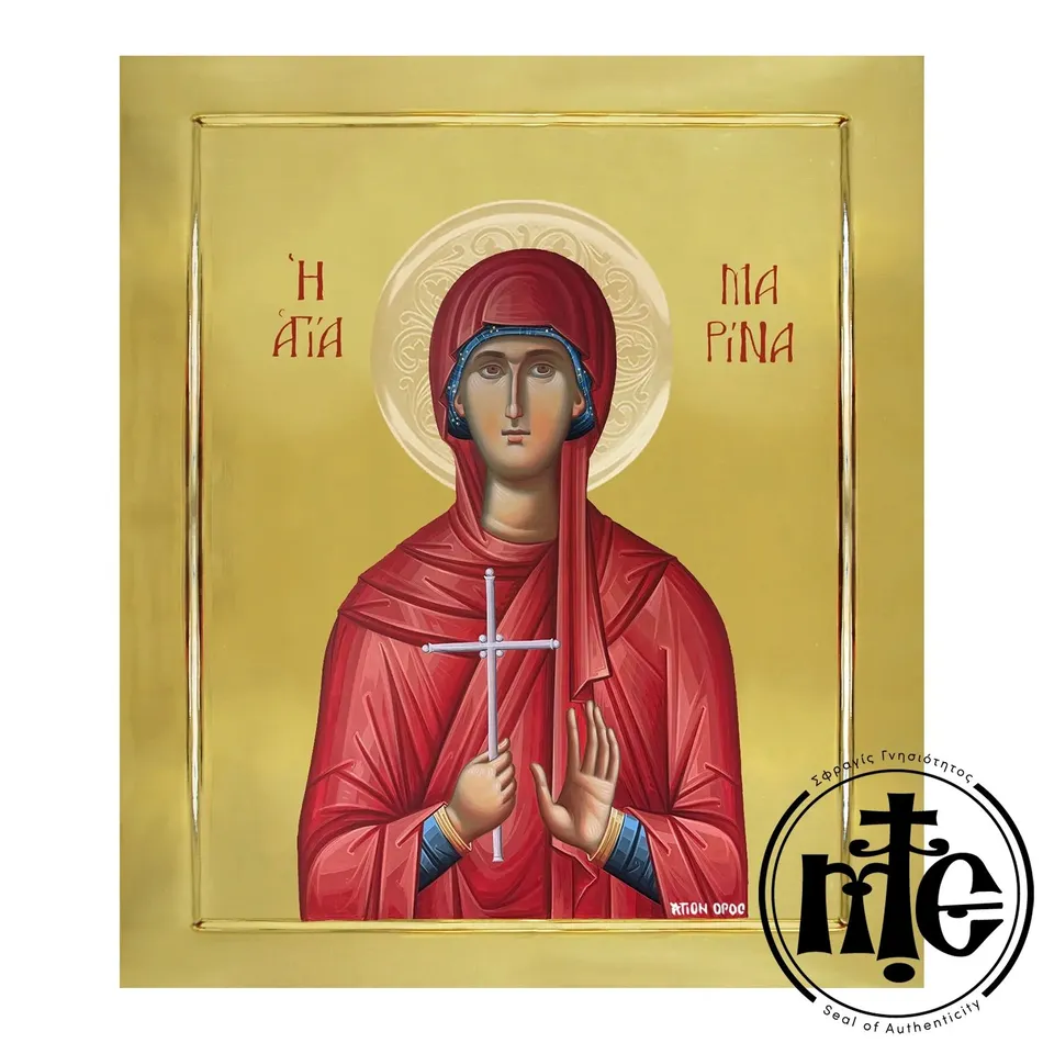 Saint Marina, Hand-Painted Icon with Gilding polished with Embossed Halo