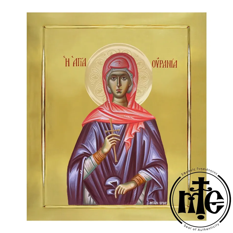 Saint Ourania, Hand-Painted Icon with Gilding polished with Embossed Halo