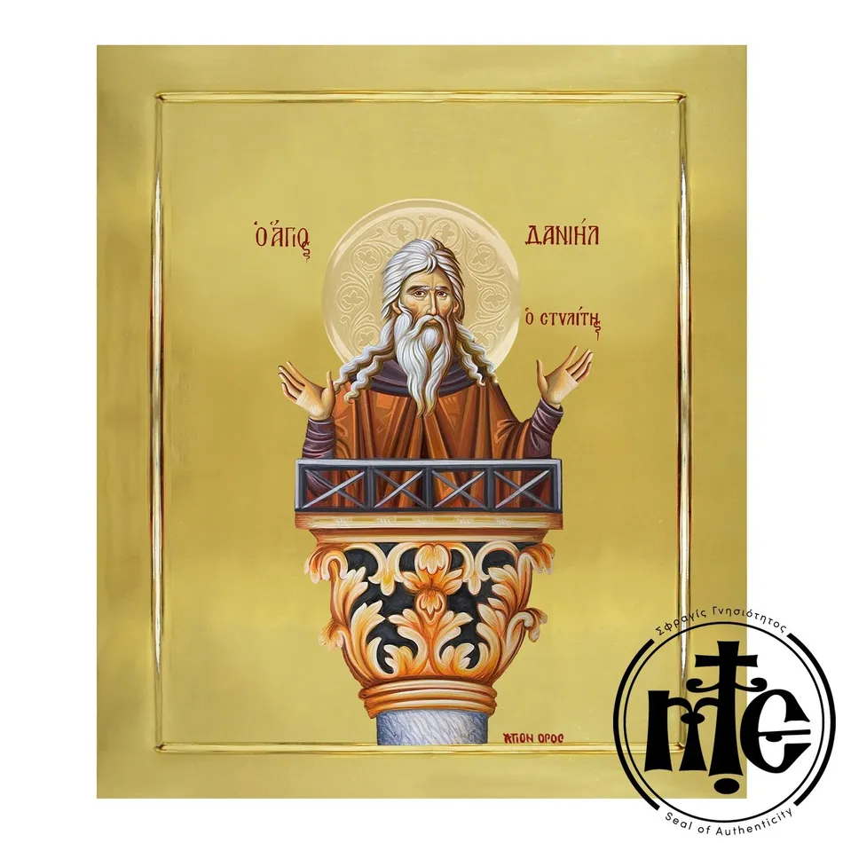 Saint Daniel the Stylite, Hand-Painted Icon with Gilding polished with Embossed Halo