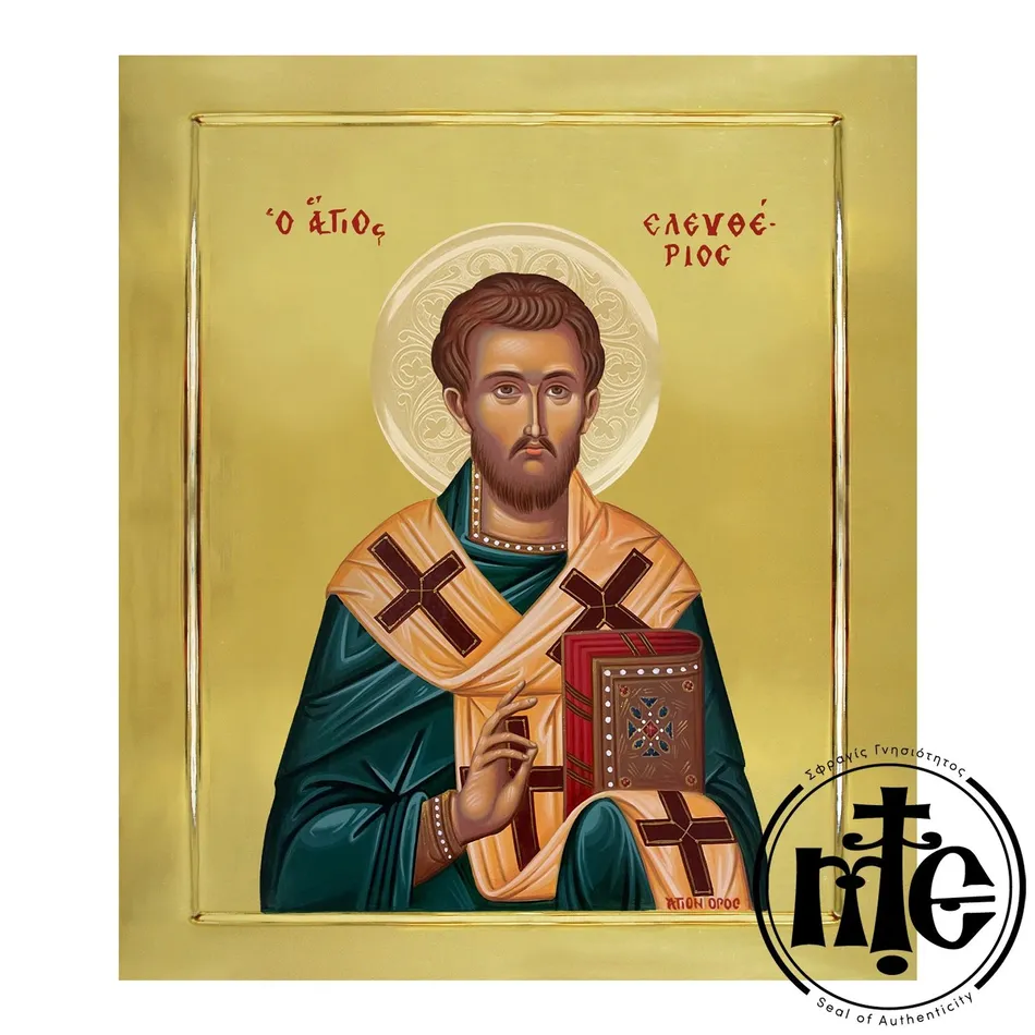Saint Eleftherios, Hand-Painted Icon with Gilding polished with Embossed Halo