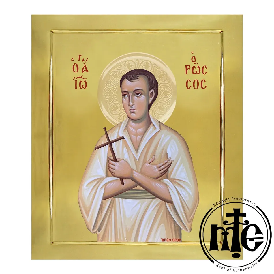 Saint John the Russian, Hand-Painted Icon with Gilding polished with Embossed Halo